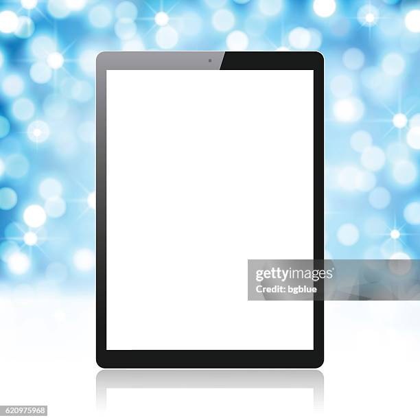 tablet pc on blue and shiny background, digital tablet template - sequins background stock illustrations