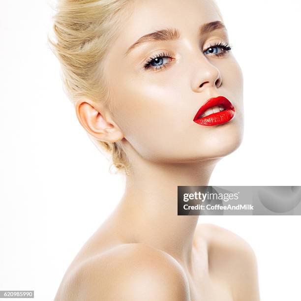 beautiful woman - red lips stock pictures, royalty-free photos & images
