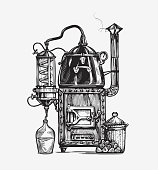 Distillation apparatus sketch. Hooch vector illustration