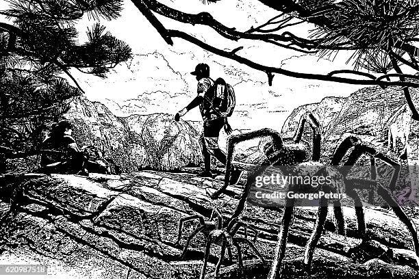 hikers and spiders - angels landing stock illustrations