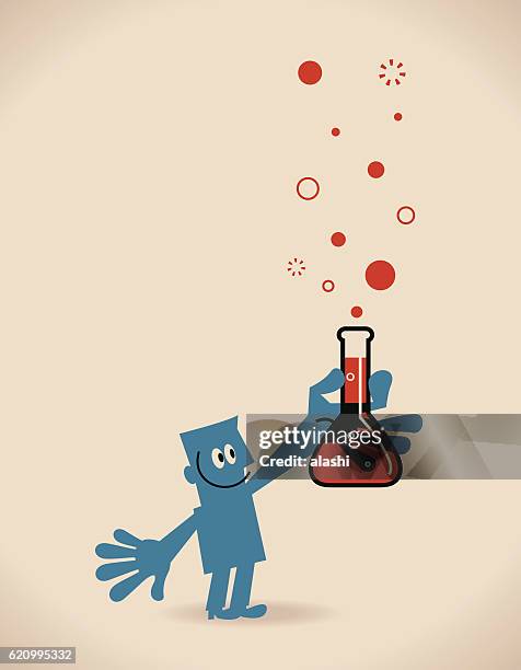 blue man (scientist) with chemistry measuring cup - chemical worker stock illustrations