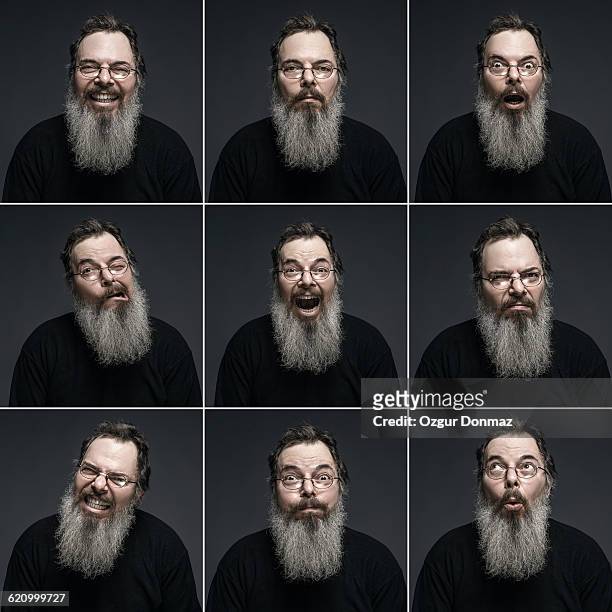 bearded mature man making multiple expressions - different emotions stockfoto's en -beelden