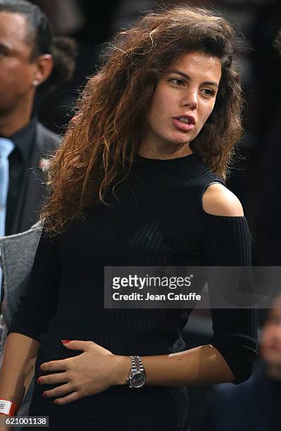 Noura El Shwekh, pregnant with Jo-Wilfried Tsonga of France attends his second round victory against Albert Ramos-Vinolas of Spain during the BNP...