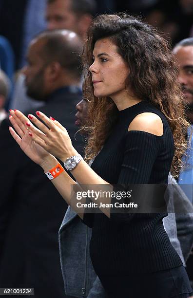 Noura El Shwekh, pregnant with Jo-Wilfried Tsonga of France attends his second round victory against Albert Ramos-Vinolas of Spain during the BNP...