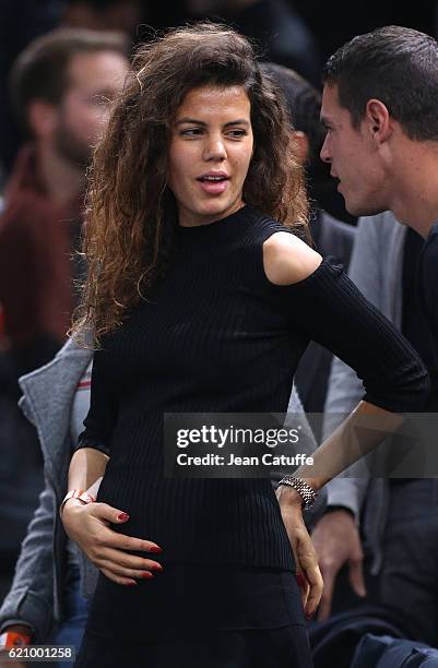 Noura El Shwekh, pregnant with Jo-Wilfried Tsonga of France attends his second round victory against Albert Ramos-Vinolas of Spain during the BNP...