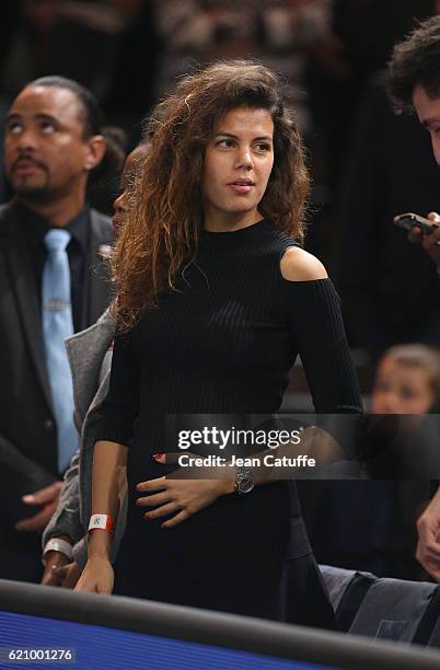 Noura El Shwekh, pregnant with Jo-Wilfried Tsonga of France attends his second round victory against Albert Ramos-Vinolas of Spain during the BNP...