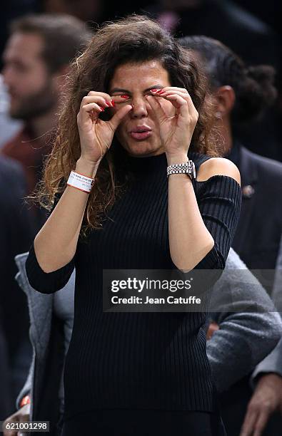 Noura El Shwekh, pregnant with Jo-Wilfried Tsonga of France attends his second round victory against Albert Ramos-Vinolas of Spain during the BNP...