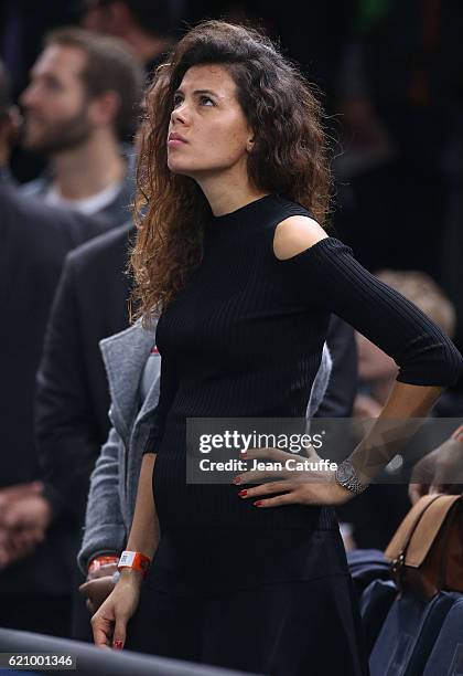 Noura El Shwekh, pregnant with Jo-Wilfried Tsonga of France attends his second round victory against Albert Ramos-Vinolas of Spain during the BNP...