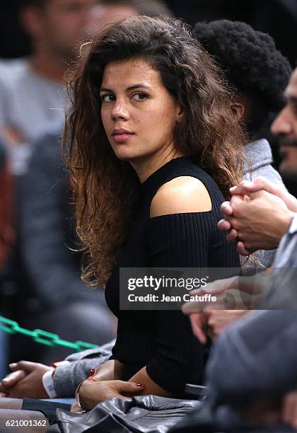 Noura El Shwekh, pregnant with Jo-Wilfried Tsonga of France attends his second round victory against Albert Ramos-Vinolas of Spain during the BNP...