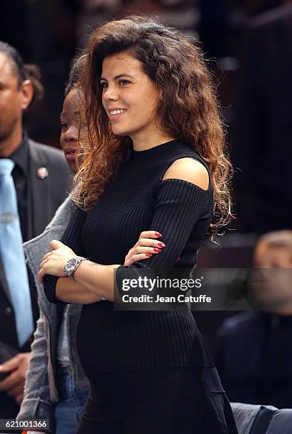 Noura El Shwekh, pregnant with Jo-Wilfried Tsonga of France attends his second round victory against Albert Ramos-Vinolas of Spain during the BNP...