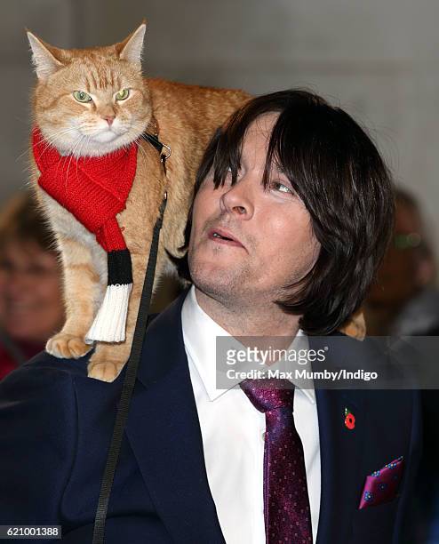 James Bowen with Bob The Cat attends the UK Premiere of 'A Street Cat Named Bob' in aid of Action On Addiction at The Curzon Mayfair on November 3,...