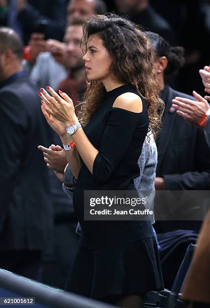 Noura El Shwekh, pregnant with Jo-Wilfried Tsonga of France attends his second round victory against Albert Ramos-Vinolas of Spain during the BNP...