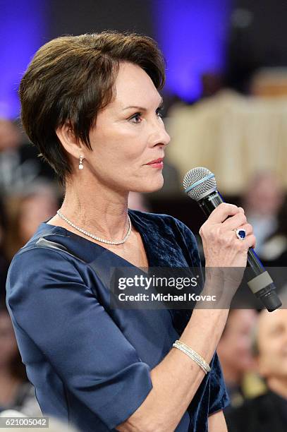 Co-chair Cheryl Saban speaks during the Friends Of The Israel Defense Forces Western Region Gala at The Beverly Hilton Hotel on November 3, 2016 in...