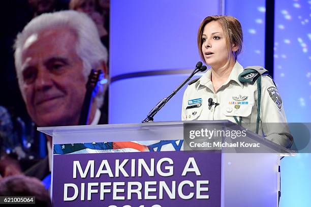 Master Sgt. Allison Bressand speaks onstage during the Friends Of The Israel Defense Forces Western Region Gala at The Beverly Hilton Hotel on...
