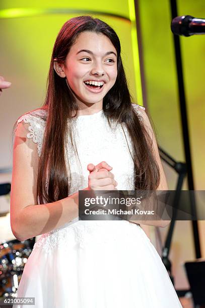 Singer Laura Bretan performs onstage during the Friends Of The Israel Defense Forces Western Region Gala at The Beverly Hilton Hotel on November 3,...