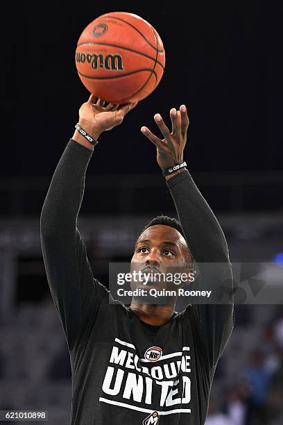 Cedric Jackson of United warms up during the round five NBL match between Melbourne United and the New Zealand Breakers on November 4, 2016 in...