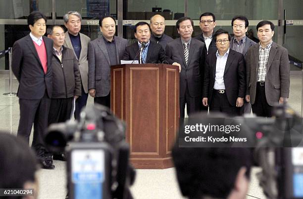 South Korea - South Korean businessmen hold a press conference at the inter-Korean transit office in Paju, South Korea, on April 17 after North Korea...
