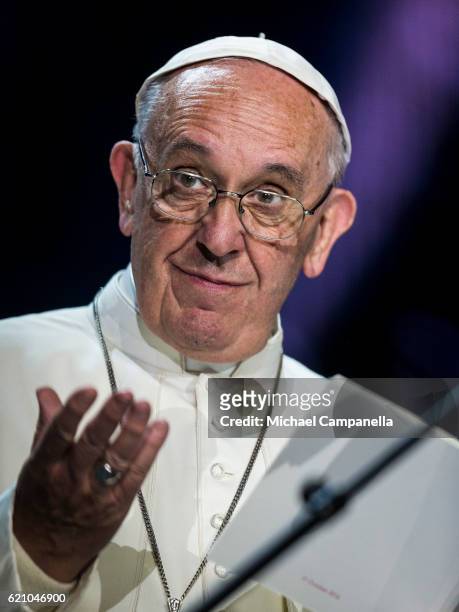 Pope Francis gives a speech at the "Together in Hope" event at Malmo Arena on October 31, 2016 in Malmo, Sweden. The Pope is on 2 days visit...