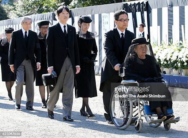 Princess Yuriko of Mikasa , Prince Akishino and Princess Kiko of Akishino attend the funeral of late Prince Mikasa at Toshimagaoka Cemetery on...