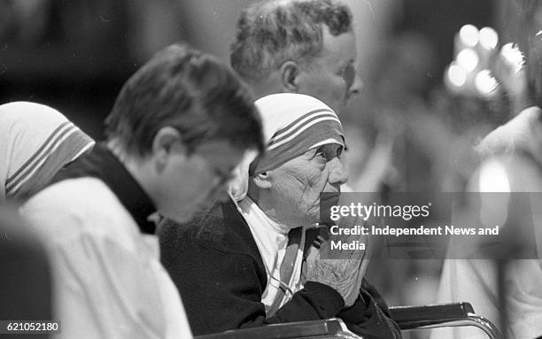 Mother Teresa of Calcutta prays during a special afternoon of prayer at Sligo Cathedral, where she also recieved the Freedom of the City, .