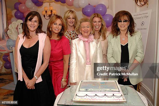 Dana Davis, Raquel Welch, Melanie Griffith, Barbara Davis, Joanna Poitier and Jackie Collins attend The Kickoff Luncheon for the Carousel of Hope at...