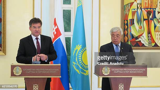 Slovakian Foreign Minister Miroslav Lajcak and Kazakhstan's Foreign Minister Erlan Idrissov hold a press conference in Astana, Kazakhstan on November...