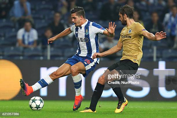 Porto's Portuguese forward Andre Silva in action with Benoit Poulain defender of Club Brugge during the UEFA Champions League Group G, match between...