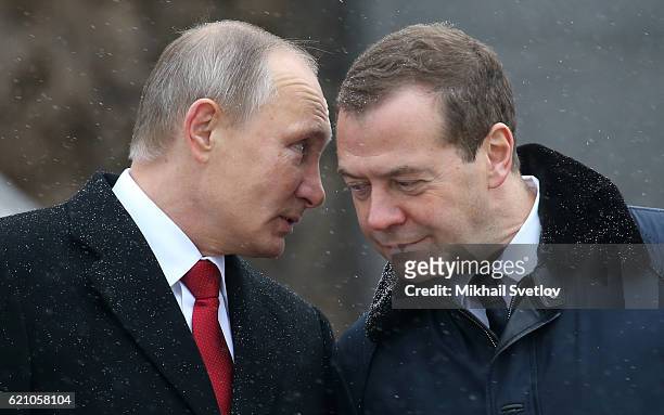 Russian President Vladimir Putin and Prime Minister Dmitry Medvedev attend the unveilng ceremony of the monument to Vladimir The Great on the...