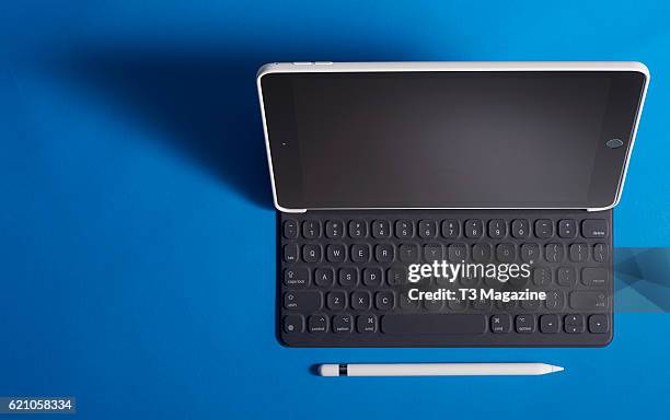 An Apple iPad Pro, Apple Pencil and Smart Keyboard fitted with a Knomo Knomad Air leather portable organiser, taken on April 15, 2016.