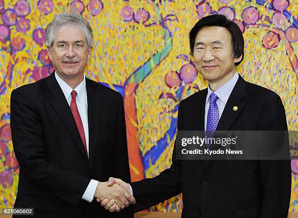 South Korea - U.S. Deputy Secretary of State William Burns shakes hands with South Korean Foreign Minister Yun Byung Se ahead of their talks at the...