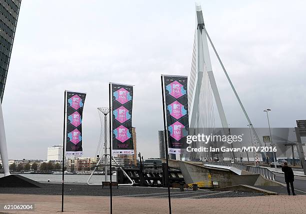General view of MTV branding with the Erasmusbrug in the background ahead of the MTV Europe Music Awards 2016 on November 4, 2016 in Rotterdam,...
