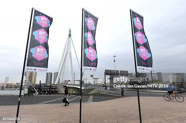 General view of MTV branding with the Erasmusbrug in the background ahead of the MTV Europe Music Awards 2016 on November 4, 2016 in Rotterdam,...