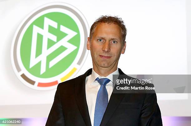Newly elected member of the DFB executive board Ansgar Schwenken poses for a picture prior to day 2 of the 42nd DFB Bundestag at Messe Erfurt on...