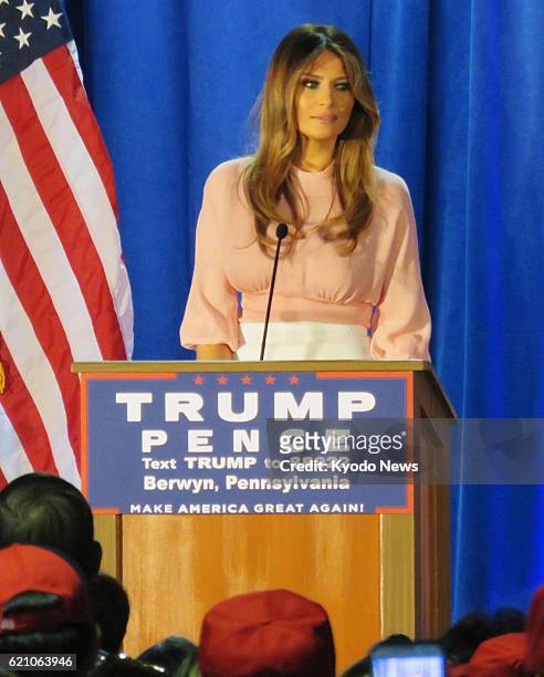 Melania Trump, wife of Republican presidential candidate Donald Trump, makes a speech during a campaign in Berwyn, Pennsylvania on Nov. 3 five days...