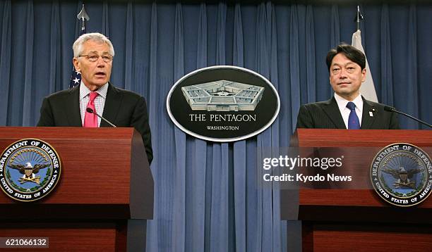 United States - U.S. Defense Secretary Chuck Hagel and Japanese Defense Minister Itsunori Onodera hold a joint press conference after their talks at...