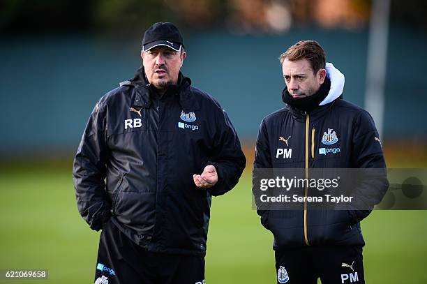 Newcastle Unitedâs Manager Rafael Benitez stands on the pitch with Assistant Manager Francisco De Miguel Moreno during Newcastle United Training...