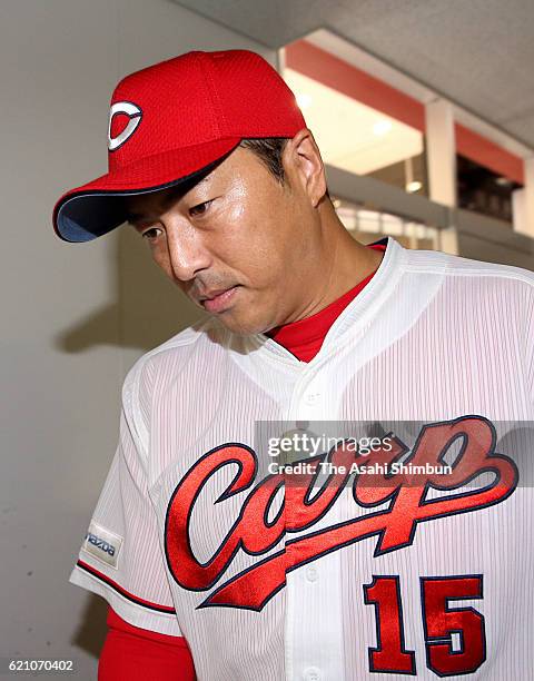 Retired pitcher Hiroki Kuroda of Hiroshima Carp leaves after a press conference on November 4, 2016 in Hiroshima, Japan.