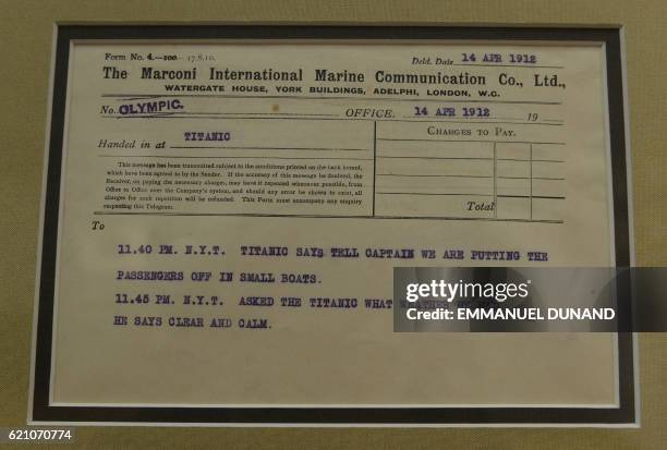 Marconi message from the Titanic to the Olympic ship is on display at Bonhams auction house in New York, April 12, 2012. Bonhams is scheduled to hold...