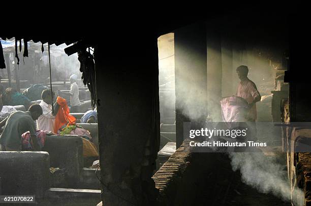 Washermen working at Dhobi Ghat at Mahalaxmi.