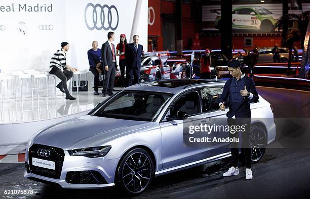 Cristiano Ronaldo of Real Madrid receives a new Audi car during a promotion event in Madrid on November 4, 2016. Audi gave the Real Madrid players...