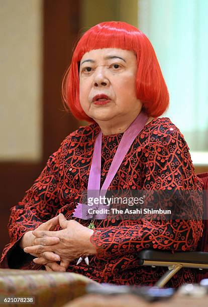 Contemporary artist Yayoi Kusama speaks during the press conference after the Order of Culture award ceremony at the Imperial Household Agency on...