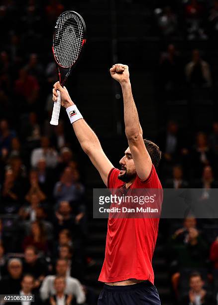 Marin Cilic of Croatia celebrates victory over Novak Djokovic of Serbia during the Mens Singles quarter final match on day five of the BNP Paribas...