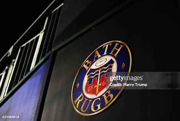 Detailed view of a Bath Rugby logo on the side of a stand during the Anglo-Welsh Cup match between Bath Rugby and Leicester Tigers at Recreation...
