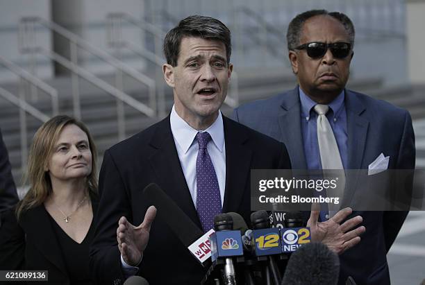 William "Bill" Baroni, former deputy executive director of the Port Authority of New York & New Jersey, center, speaks to members of the media...