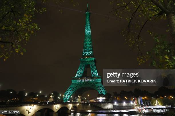 The Eiffel Tower is illuminated in Paris on November 4 to celebrate the first day of the application of the Paris COP21 climate accord. The worldwide...