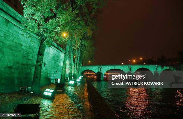 The Pont Marie bridge and the bank of the Seine River are illuminated in Paris on November 4 to celebrate the first day of the application of the...