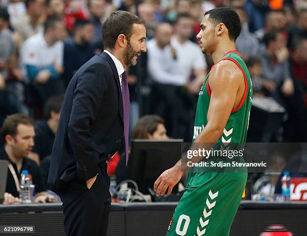 Head coach Sito Alonso talk with the Shane Larkin of Baskonia during the 2016/2017 Turkish Airlines EuroLeague Regular Season Round 5 game between...