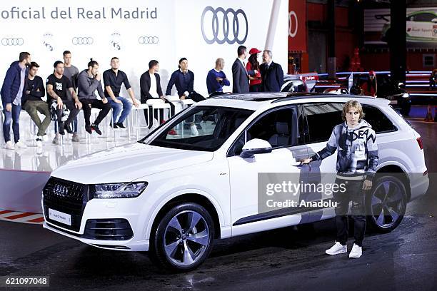 Luka Modric of Real Madrid receives a new Audi car during a promotion event in Madrid on November 4, 2016. Audi gave the Real Madrid players their...