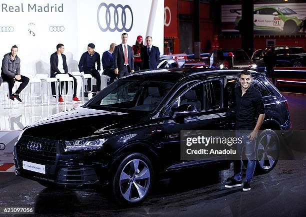 Mateo Kovacic of Real Madrid receives a new Audi car during a promotion event in Madrid on November 4, 2016. Audi gave the Real Madrid players their...