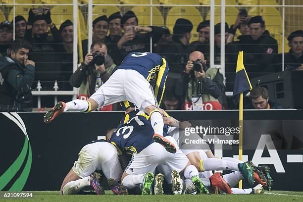 Fenerbahce celebrate the goal of Jeremain Lens of Fenerbahceuring the UEFA Europa Leaguegroup A match between Fenerbahce and Manchester United on...